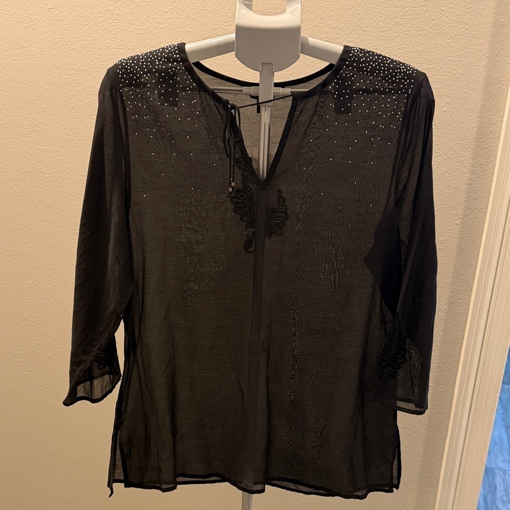 Express Sheer Silk blend Black Blouse with Stud Embellishments